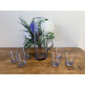 Vintage Violet Art Glass Pitcher 6 Glass Set‎ Elegant Hand-Blown Design MCM Bar